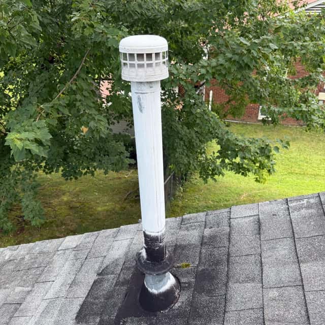 White vent termination on an asphalt-shingle roof with trees behind